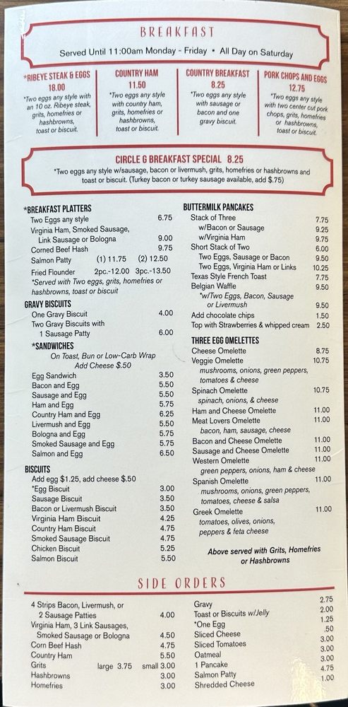 Circle G Restaurant Menu - Image 1